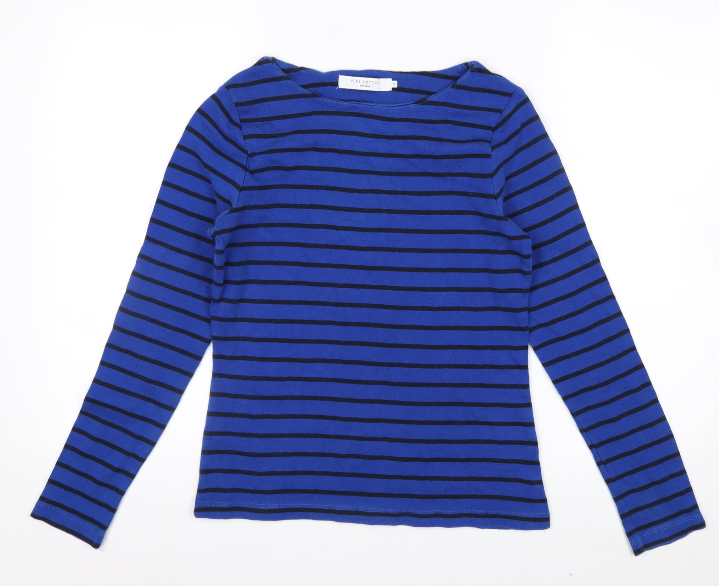 John Lewis Women Blue Striped Cotton Long Sleeve Boat Neck Top Size 10