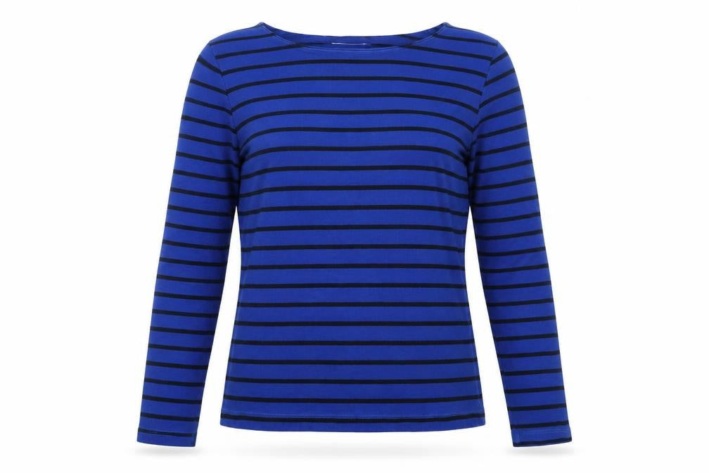 John Lewis Women Blue Striped Cotton Long Sleeve Boat Neck Top Size 10