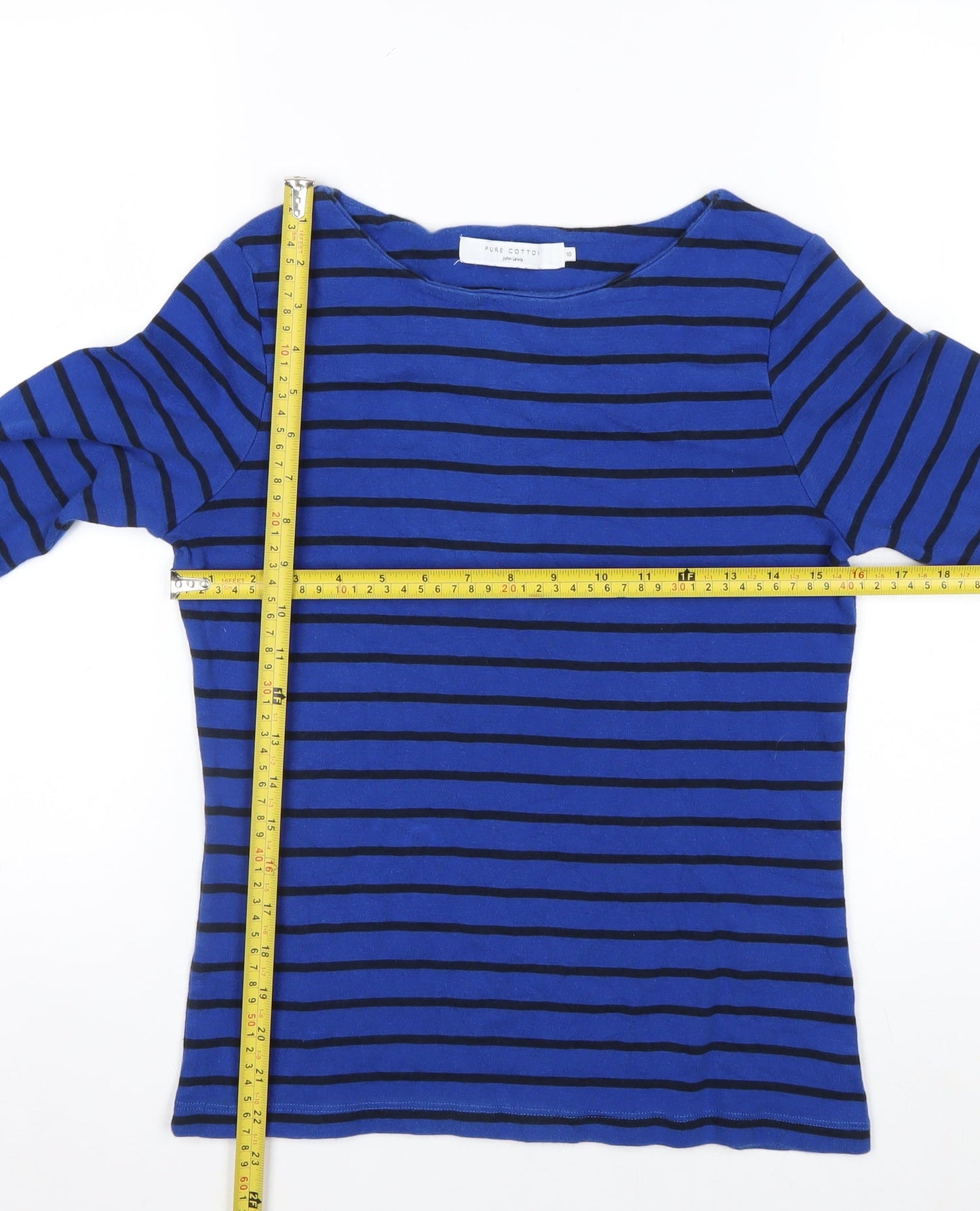 John Lewis Women Blue Striped Cotton Long Sleeve Boat Neck Top Size 10