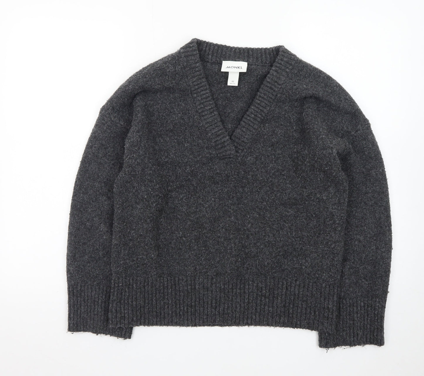 Monki Womens Grey Wool Blend V-Neck Chunky Knit Jumper XS