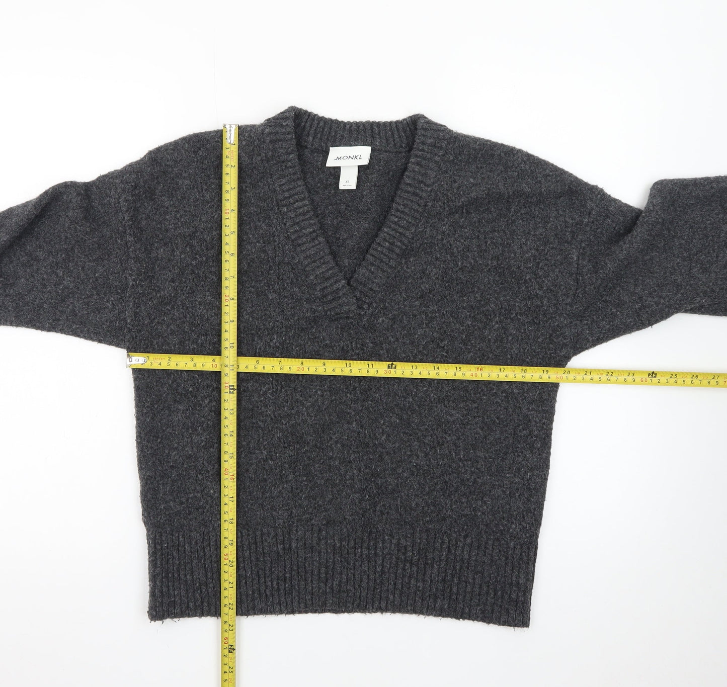 Monki Womens Grey Wool Blend V-Neck Chunky Knit Jumper XS