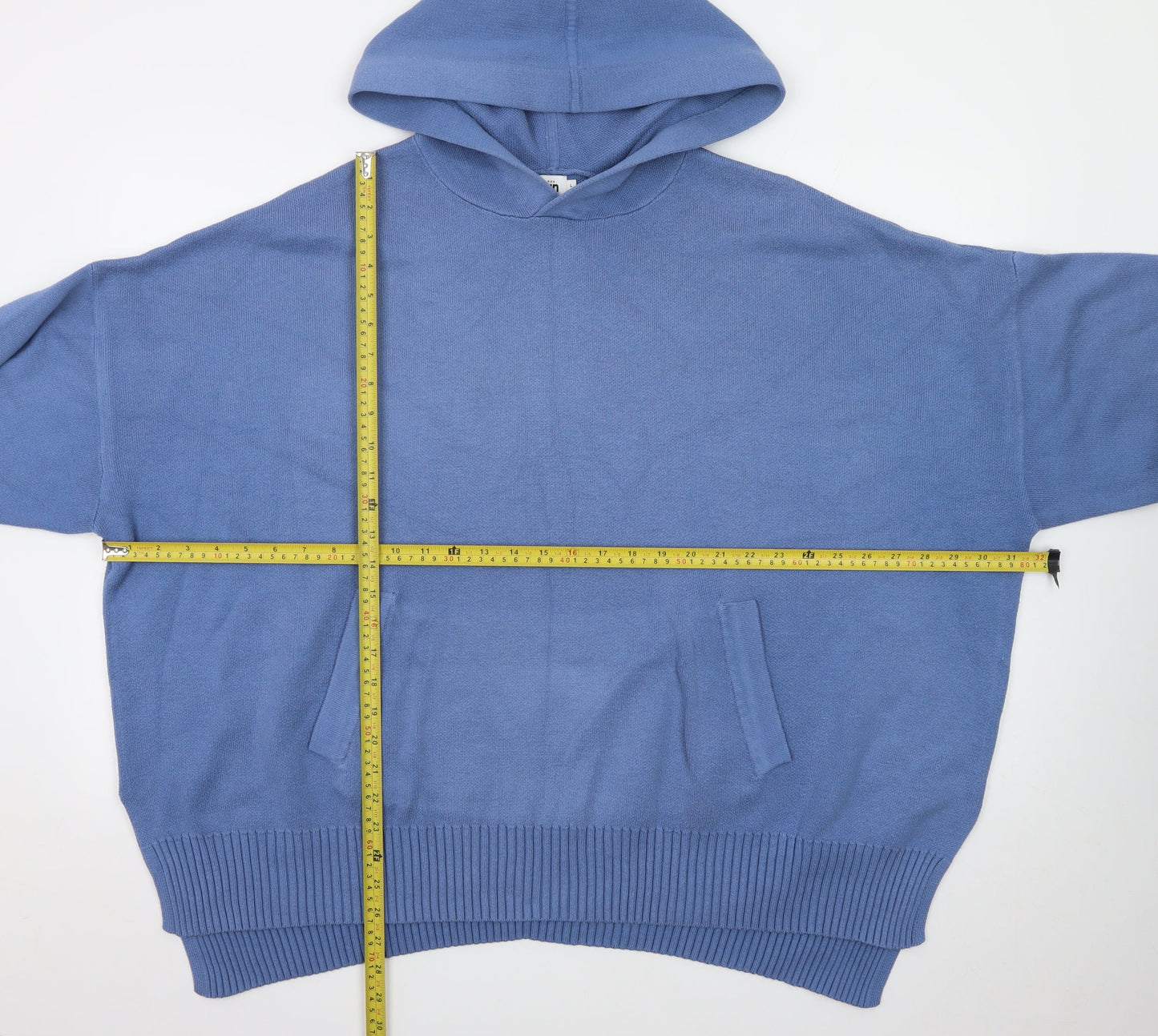 Kin Mens Blue L Hooded Cotton Pullover Jumper Knitwear