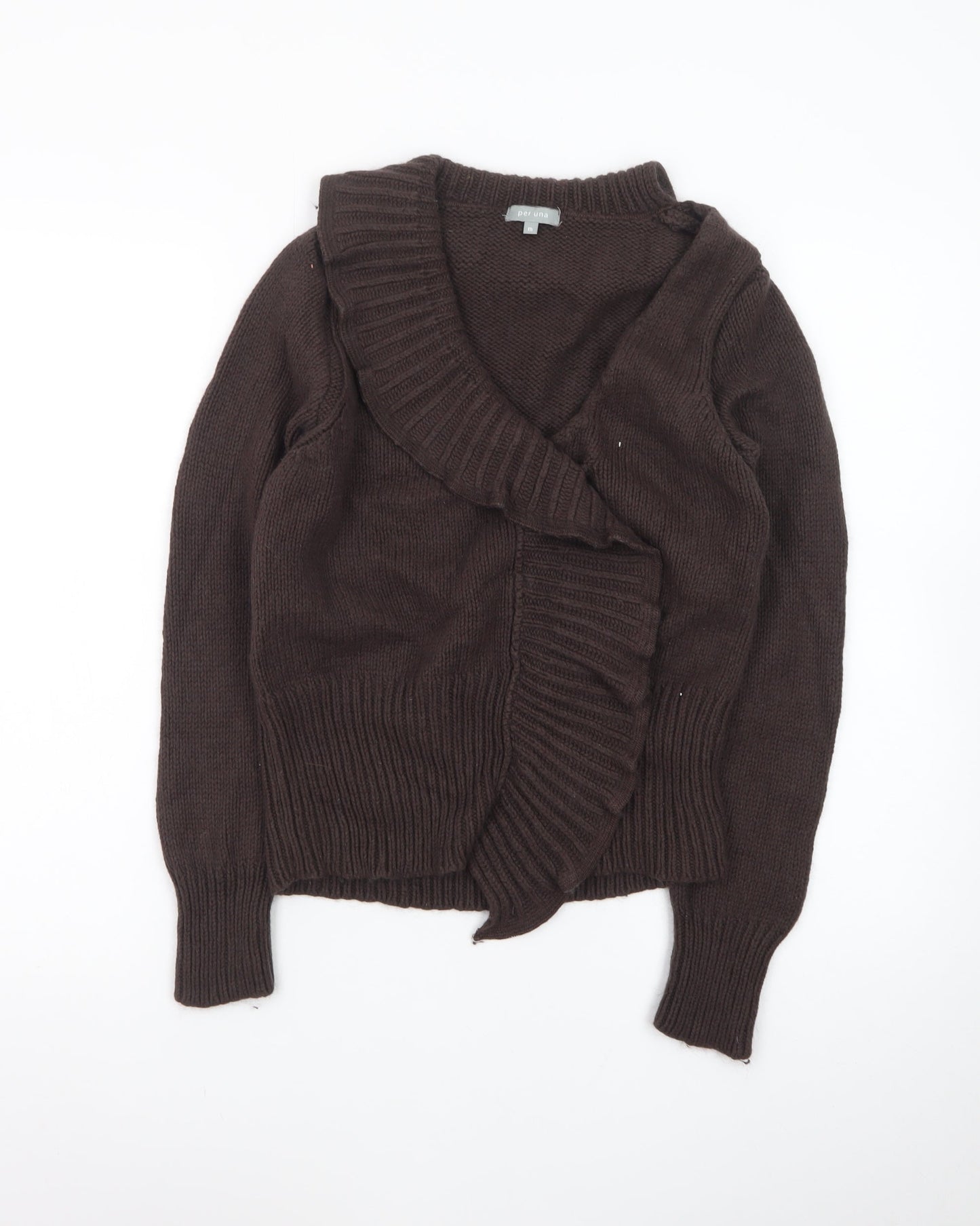 Marks and Spencer Women Brown Ruffle V-Neck Knit Cardigan Size M