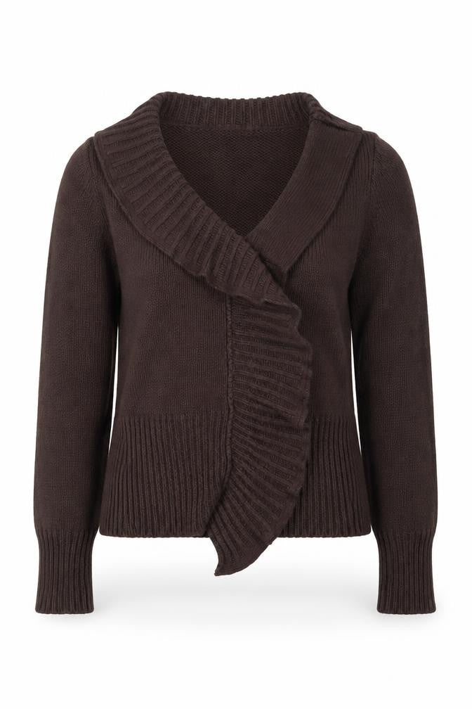 Marks & Spencer Women Brown Ruffle V-Neck Knit Cardigan Size M
