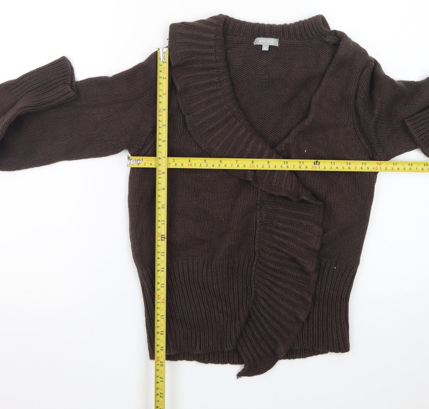 Marks and Spencer Women Brown Ruffle V-Neck Knit Cardigan Size M