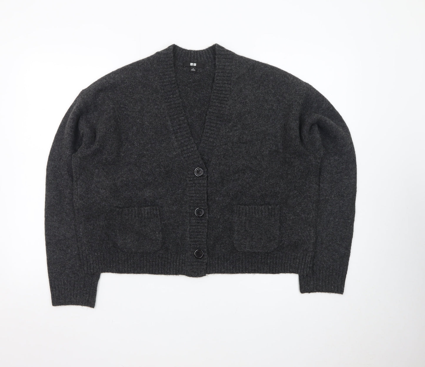 Uniqlo Women Grey Wool V-Neck Cardigan S Relaxed Fit Knitwear