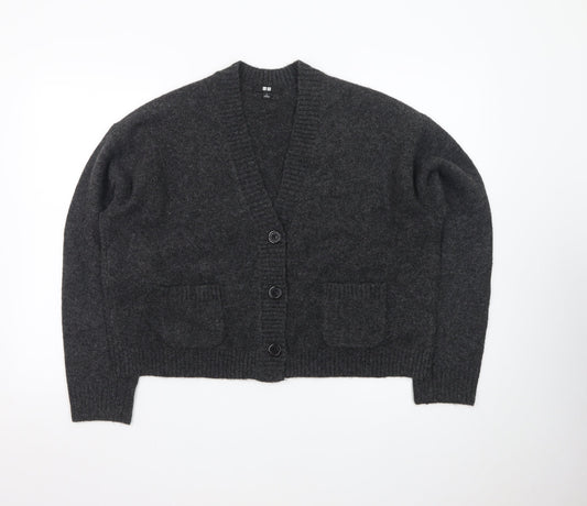 Uniqlo Women Grey Wool V-Neck Cardigan S Relaxed Fit Knitwear