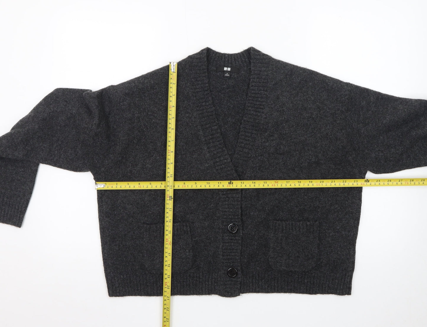 Uniqlo Women Grey Wool V-Neck Cardigan S Relaxed Fit Knitwear