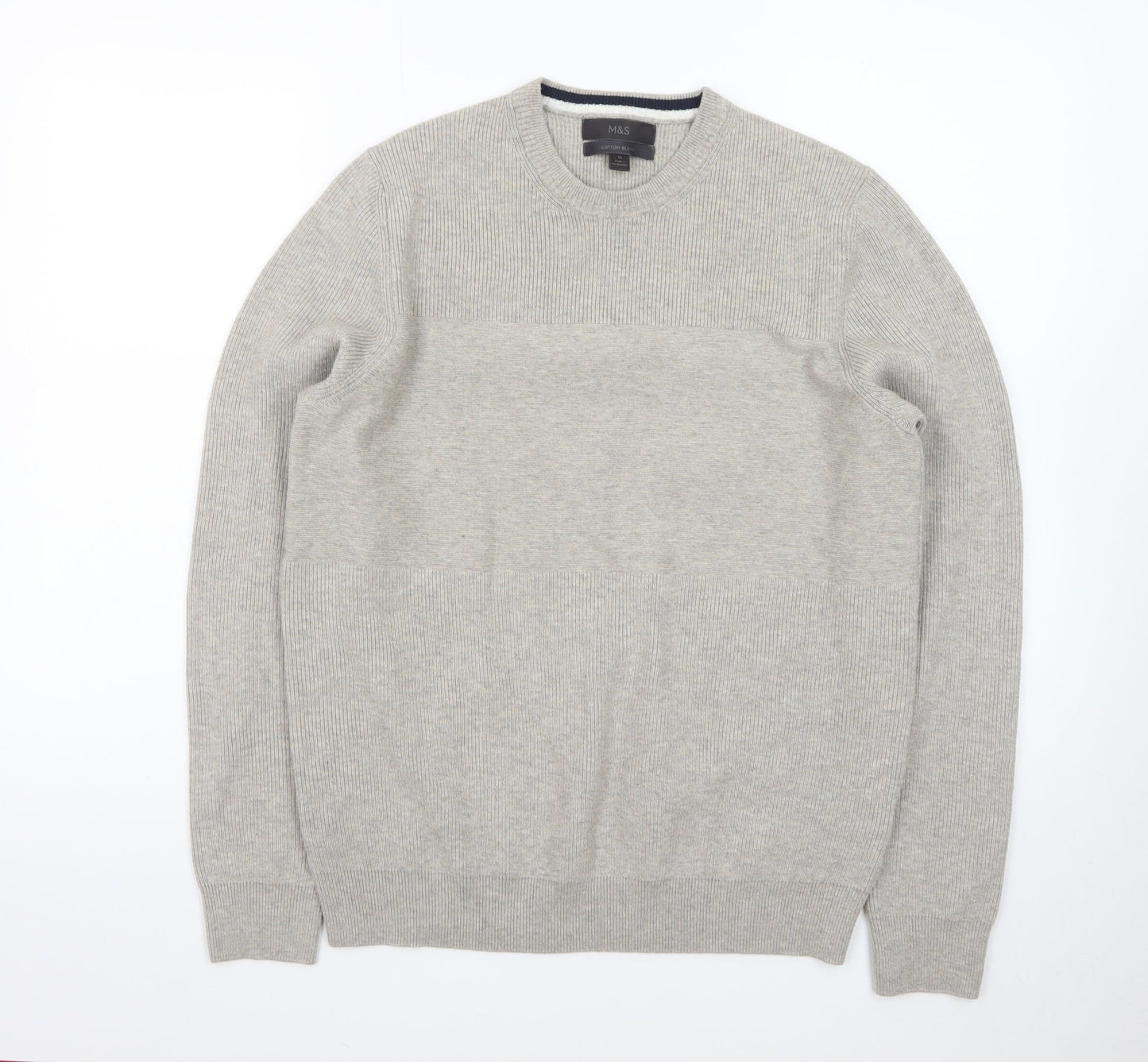 Marks and Spencer Men Grey Cotton Blend Crew Neck Jumper Size M