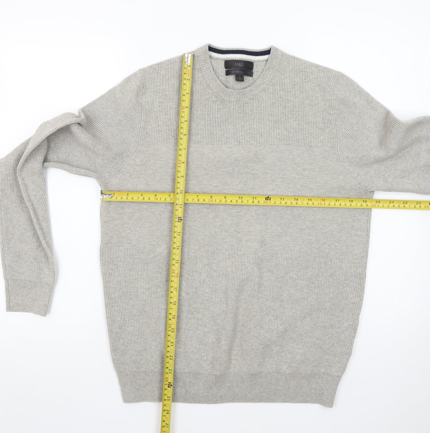 Marks and Spencer Men Grey Cotton Blend Crew Neck Jumper Size M