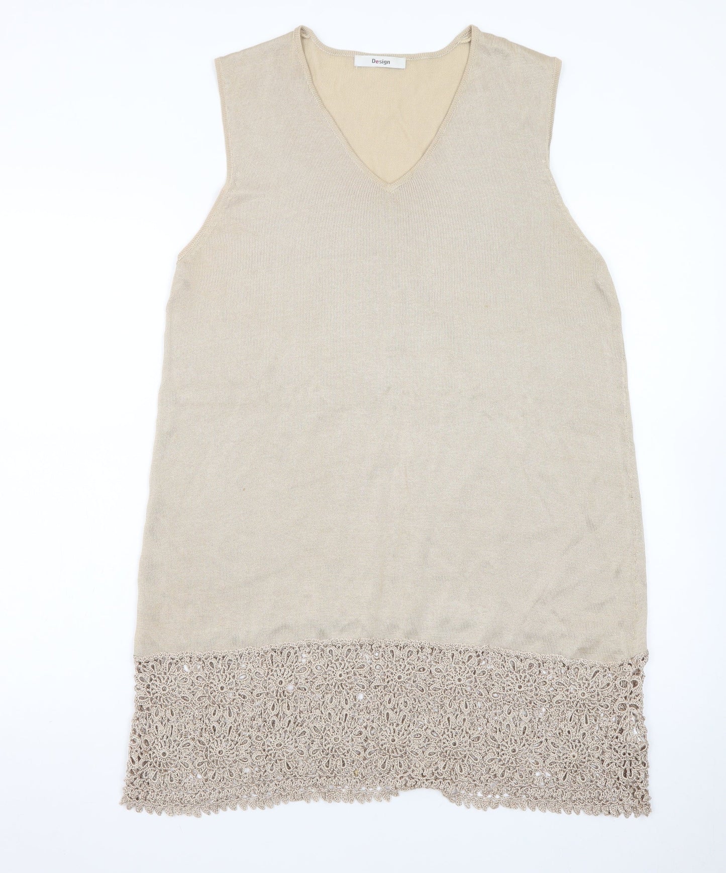 Design Women Beige Knit Crochet Hem Sleeveless Shift Dress Size 18