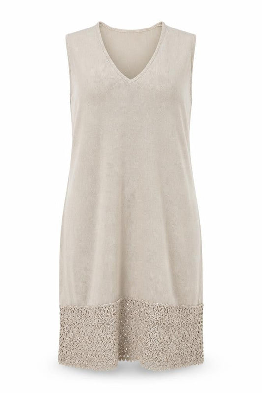 Design Women Beige Knit Crochet Hem Sleeveless Shift Dress Size 18