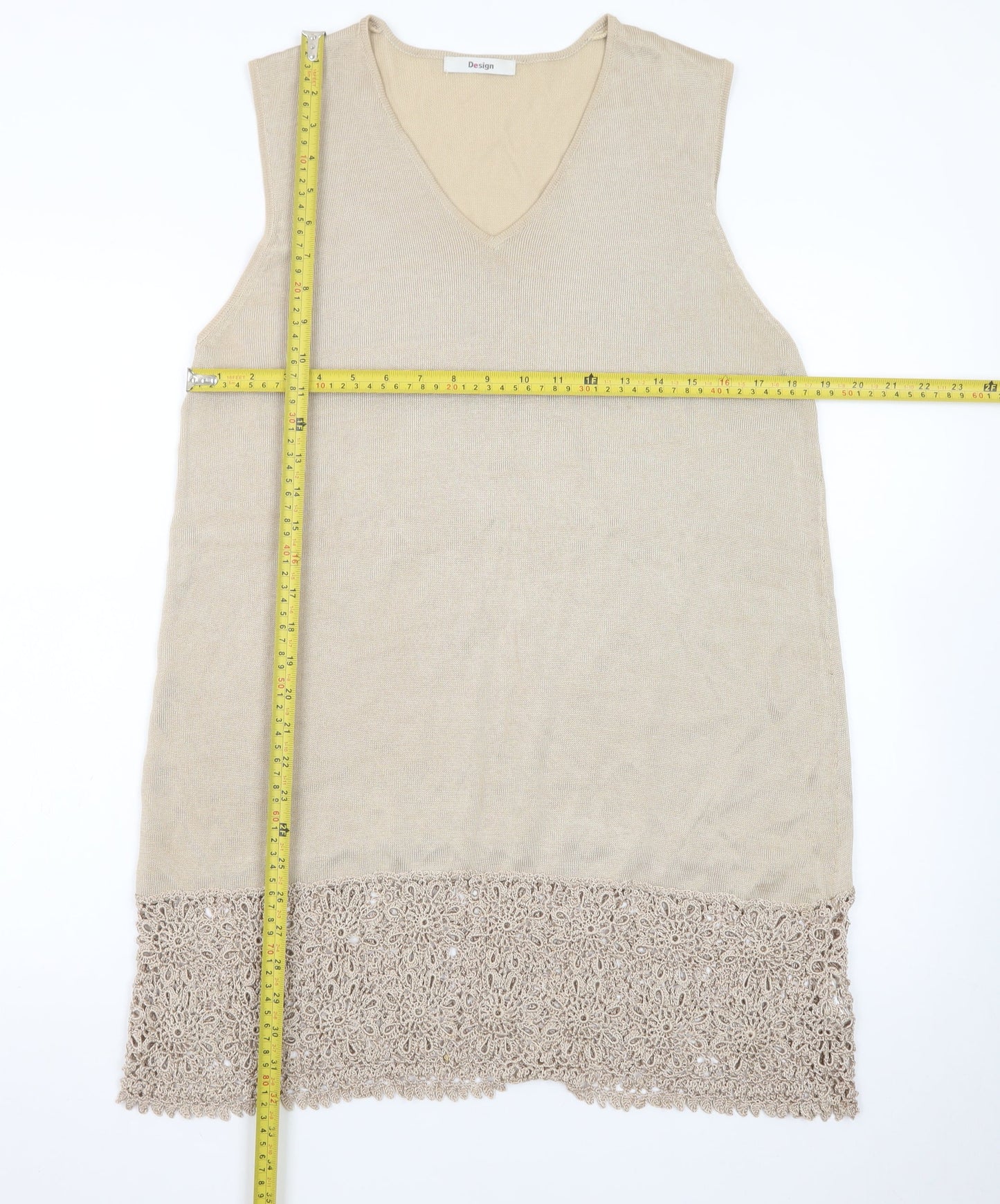 Design Women Beige Knit Crochet Hem Sleeveless Shift Dress Size 18