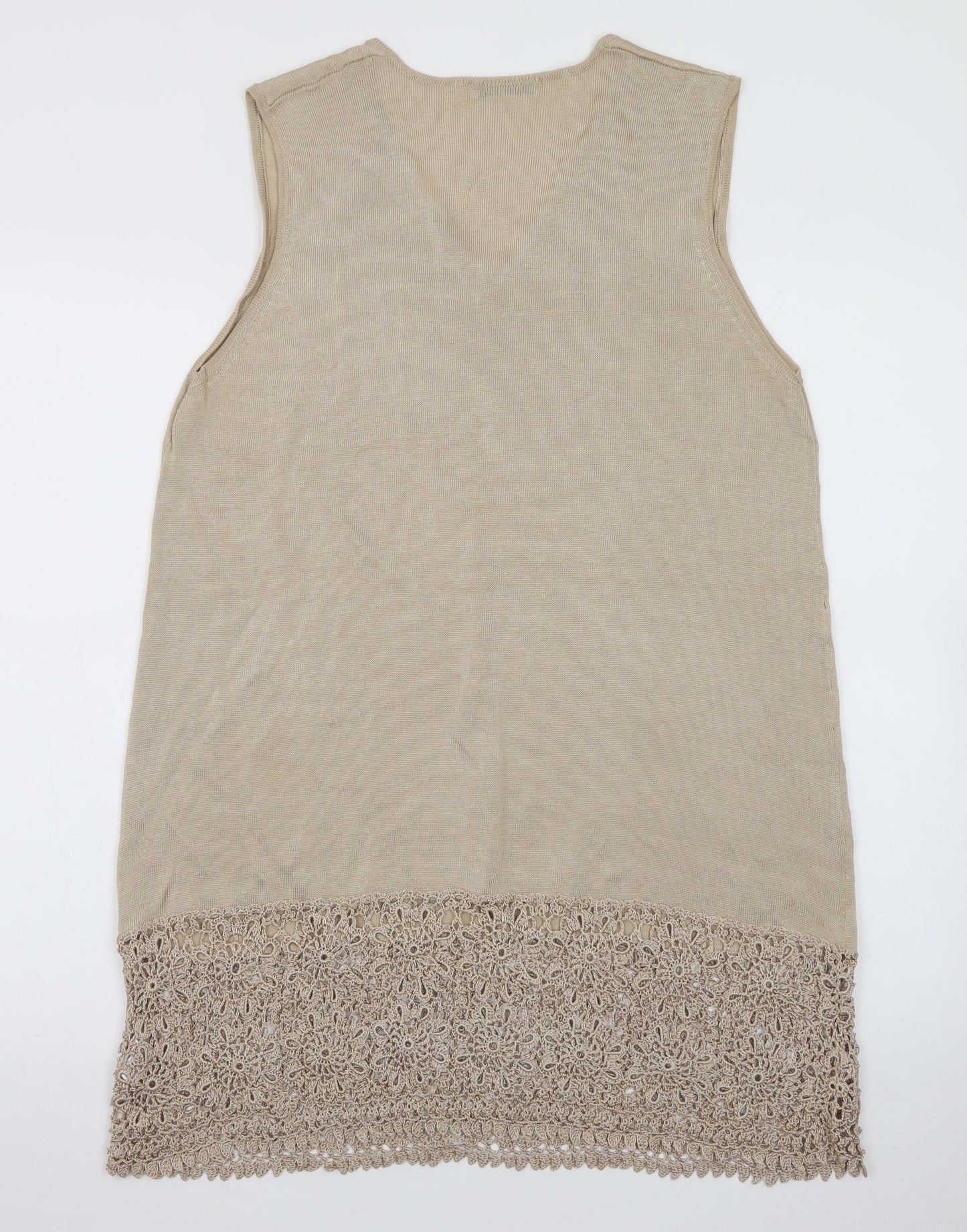 Design Women Beige Knit Crochet Hem Sleeveless Shift Dress Size 18