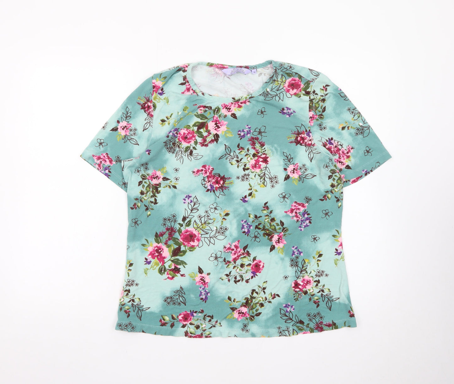 Honor Millburn Women Green Floral Short Sleeve Jersey Top Size 16