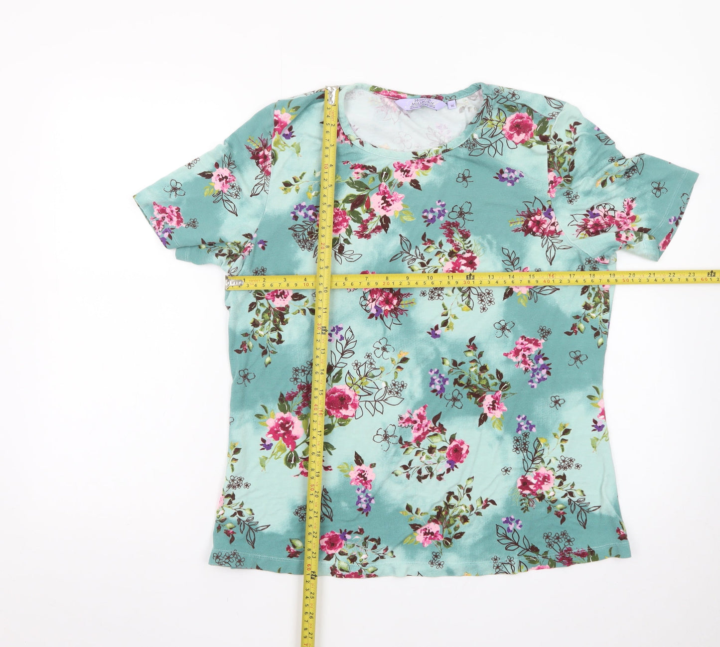 Honor Millburn Women Green Floral Short Sleeve Jersey Top Size 16