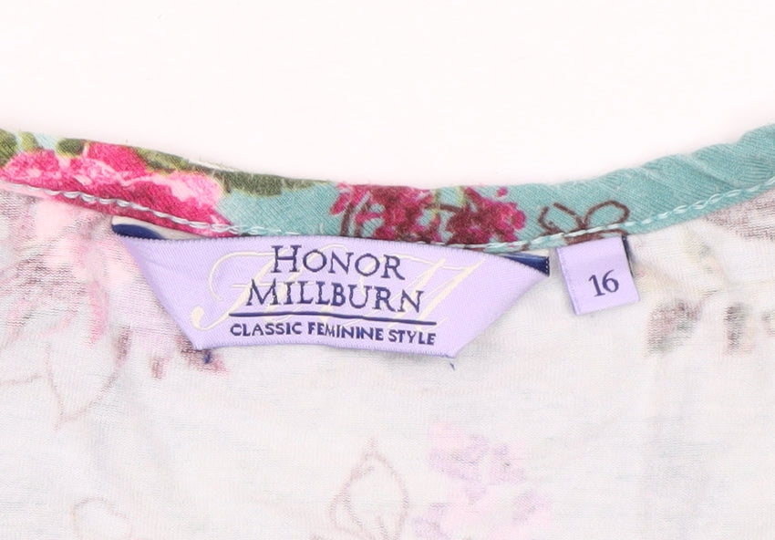 Honor Millburn Women Green Floral Short Sleeve Jersey Top Size 16