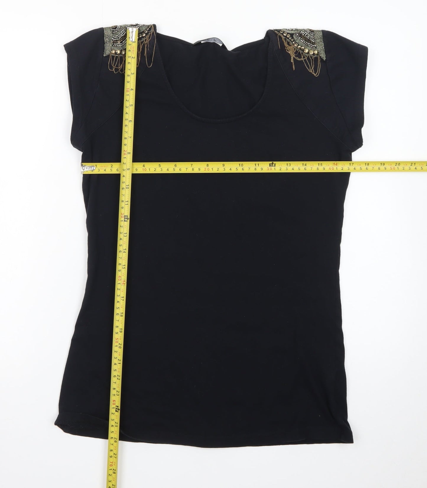 F&F Women’s Black Beaded Shoulder Short Sleeve Jersey Top Size 12