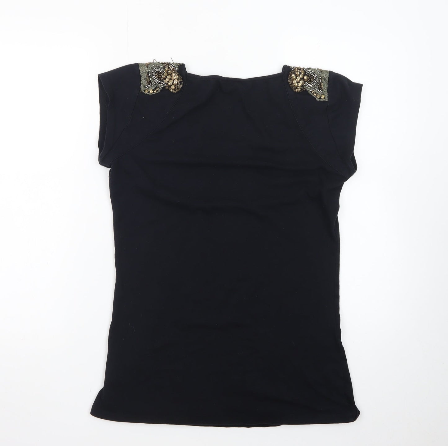F&F Women’s Black Beaded Shoulder Short Sleeve Jersey Top Size 12