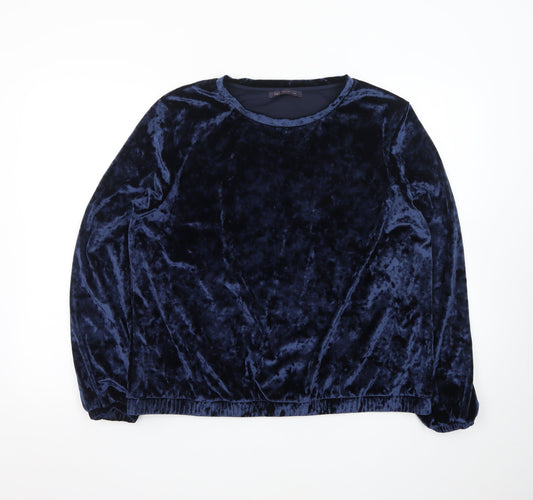 Preloved Marks and Spencer Women's Navy Blue Velvet Long Sleeve Pullover Sweatshirt UK 16 - Front