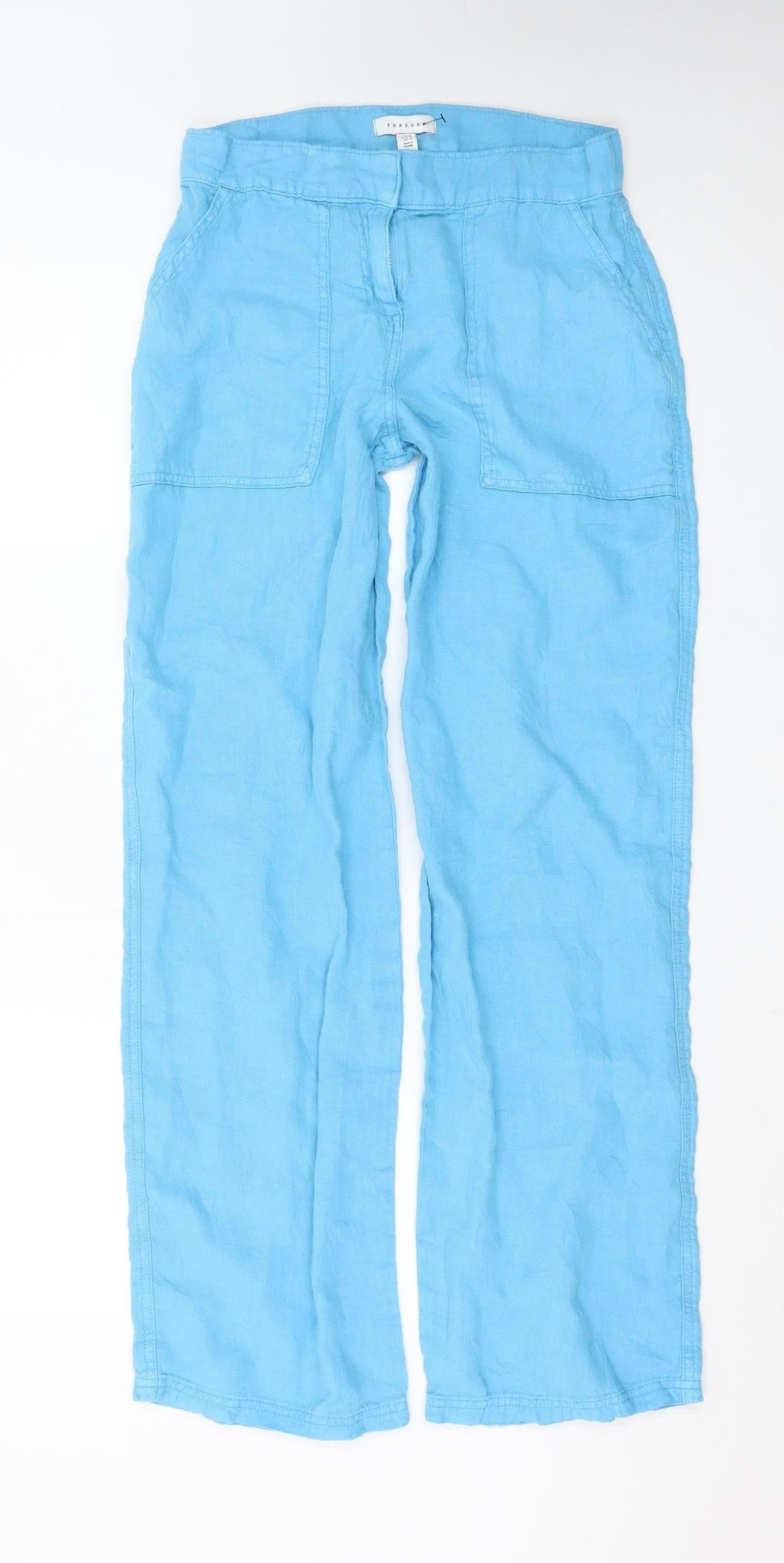 Topshop Womens Blue Linen Wide-Leg Trousers UK 8 Summer Casual