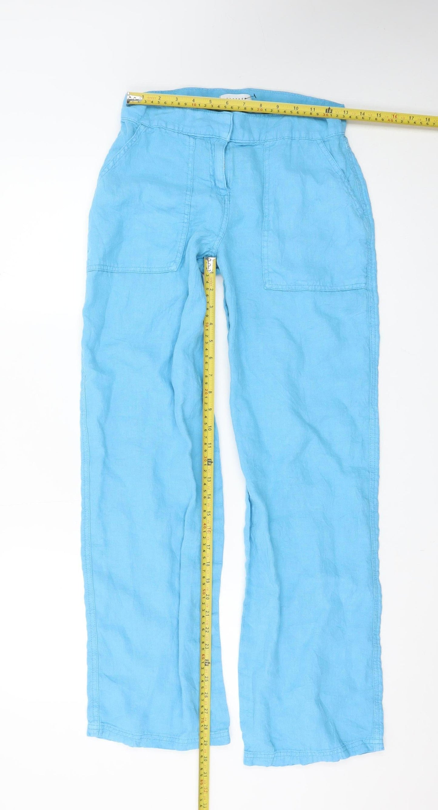 Topshop Womens Blue Linen Wide-Leg Trousers UK 8 Summer Casual