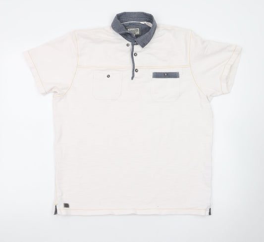 Next Men Beige Short Sleeve Polo Shirt L 100% Cotton Button Pockets