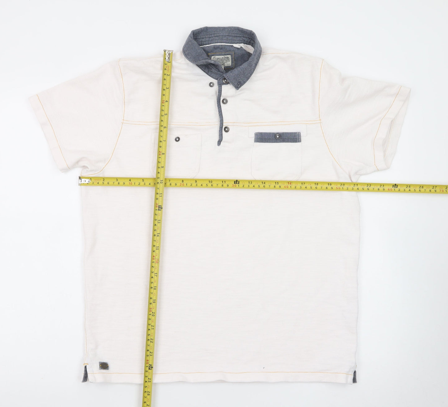 Next Men Beige Short Sleeve Polo Shirt L 100% Cotton Button Pockets