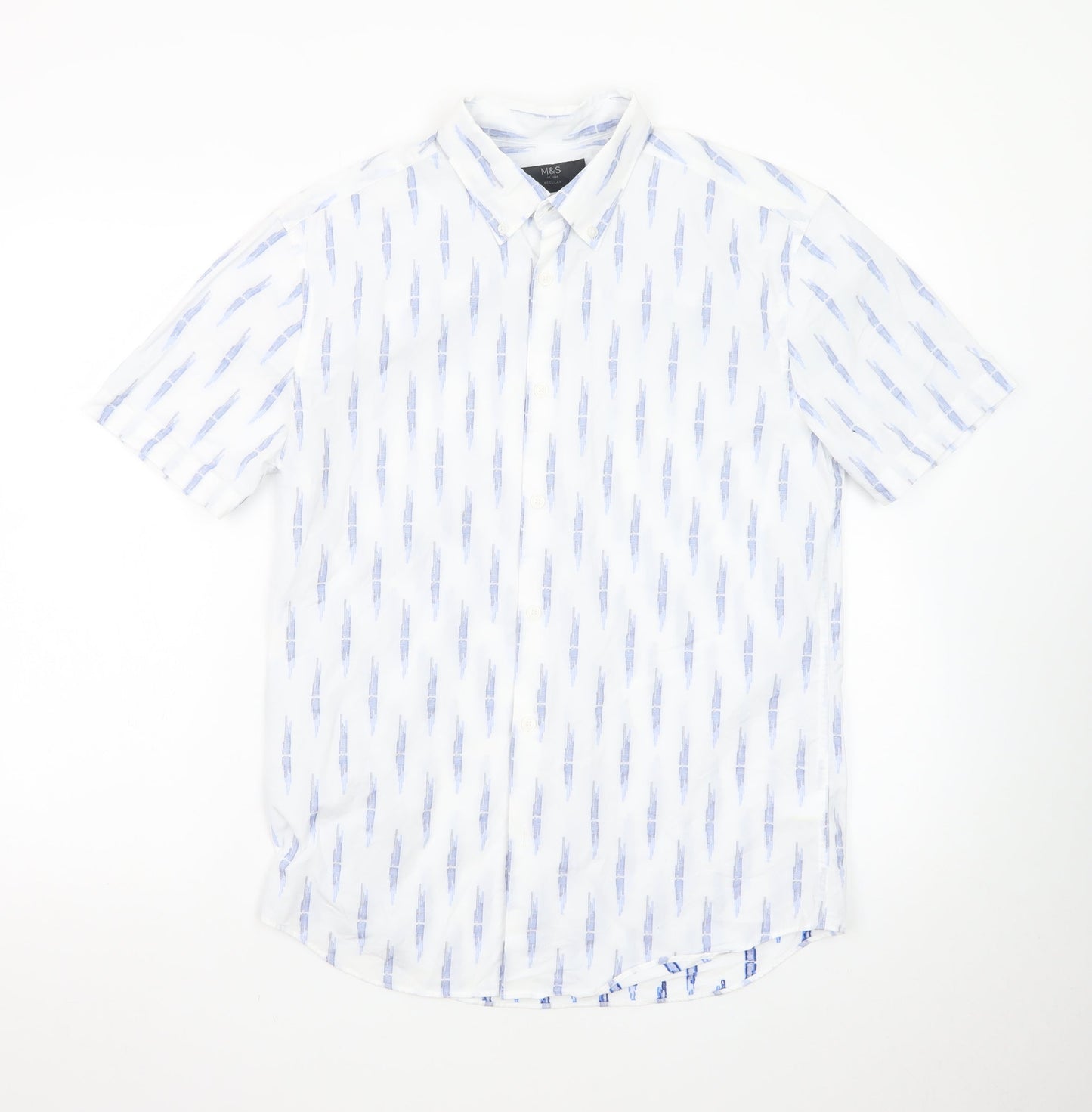 Marks and Spencer Men's White Geometric Short Sleeve Regular Fit Shirt S