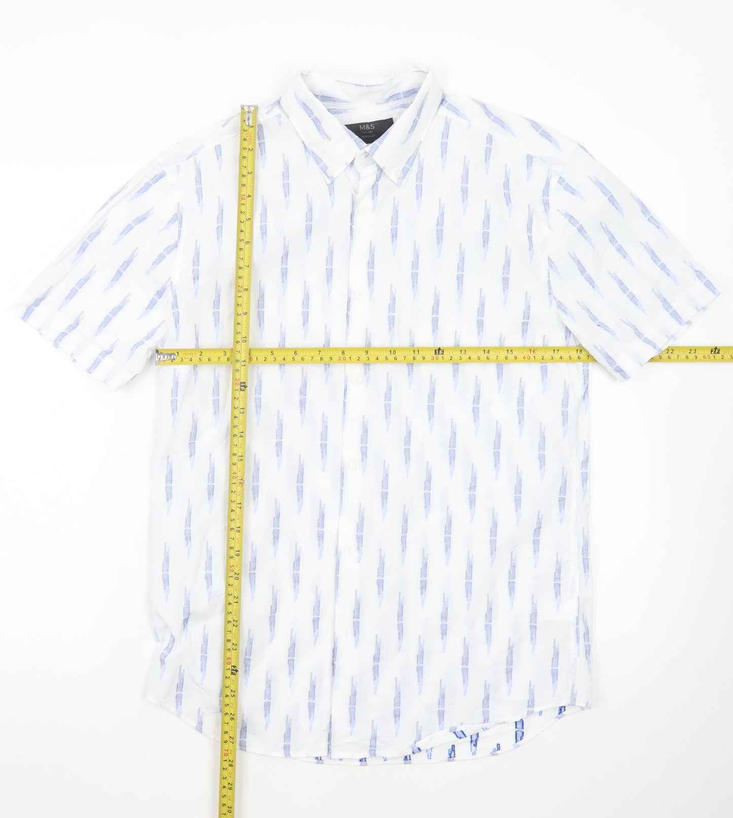 Marks and Spencer Men's White Geometric Short Sleeve Regular Fit Shirt S