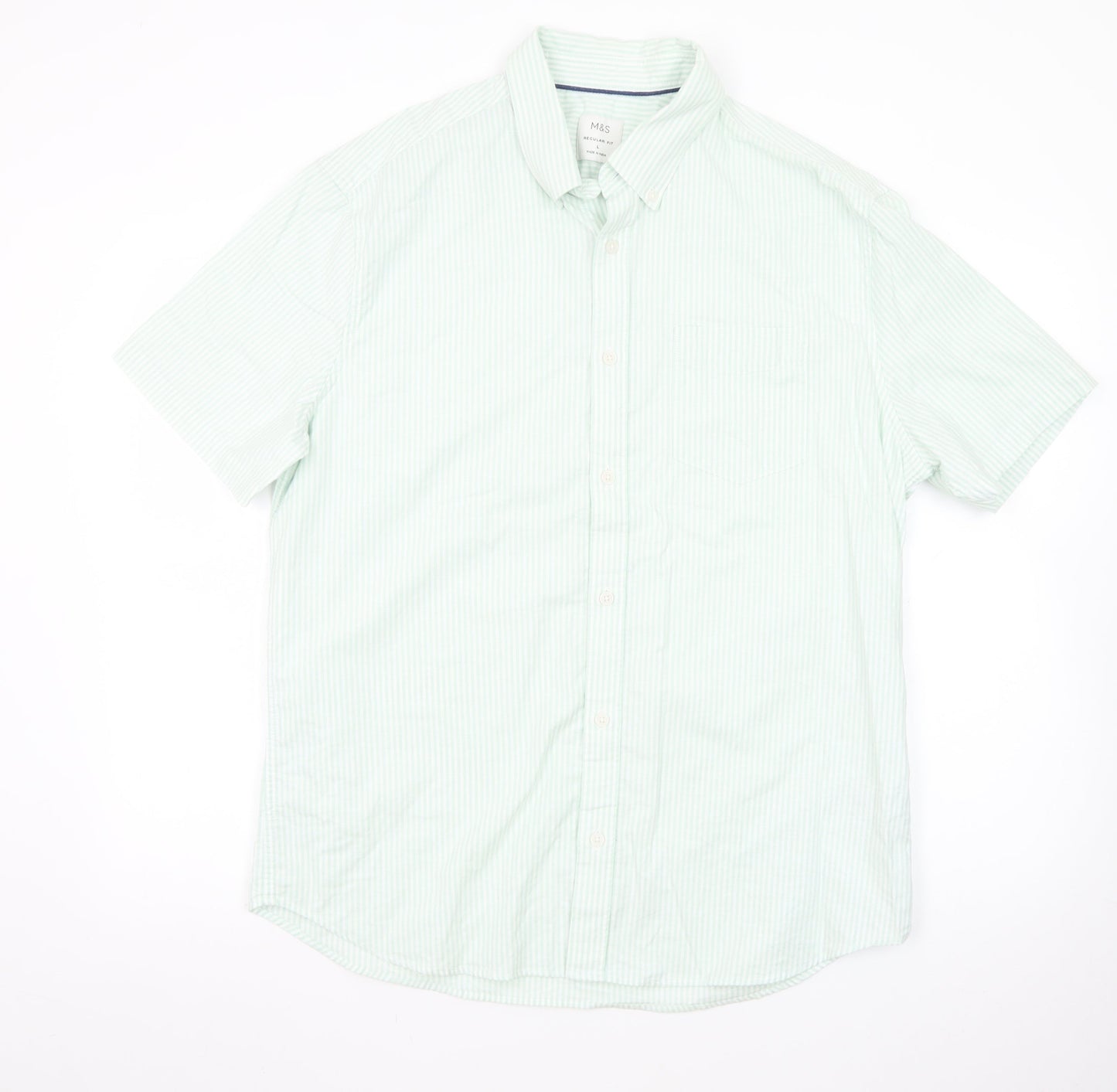 Marks and Spencer Men's Light Green Striped Regular Fit Short Sleeve Dress Shirt L