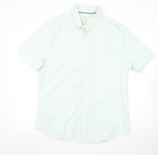 Marks and Spencer Men's Light Green Striped Regular Fit Short Sleeve Dress Shirt L