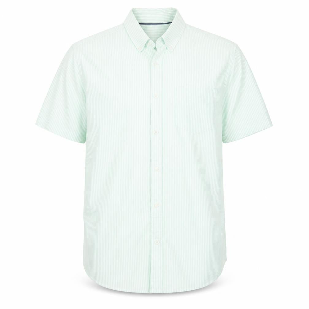Marks & Spencer Men's Light Green Striped Regular Fit Short Sleeve Dress Shirt L
