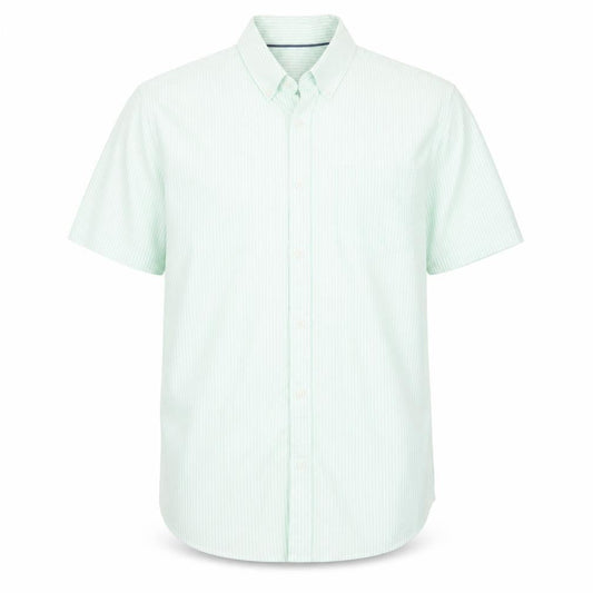 Marks & Spencer Men's Light Green Striped Regular Fit Short Sleeve Dress Shirt L