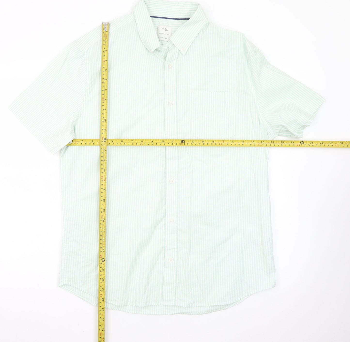 Marks and Spencer Men's Light Green Striped Regular Fit Short Sleeve Dress Shirt L