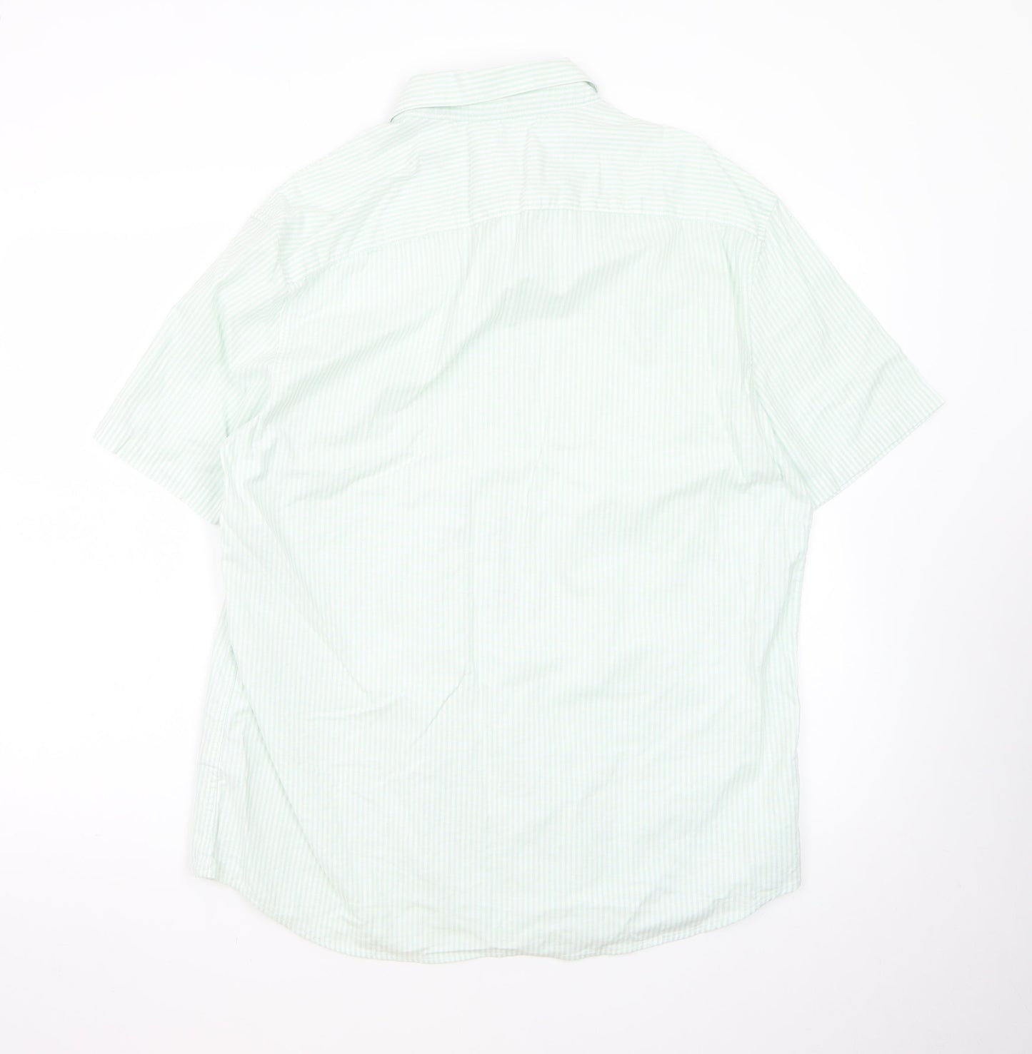 Marks and Spencer Men's Light Green Striped Regular Fit Short Sleeve Dress Shirt L