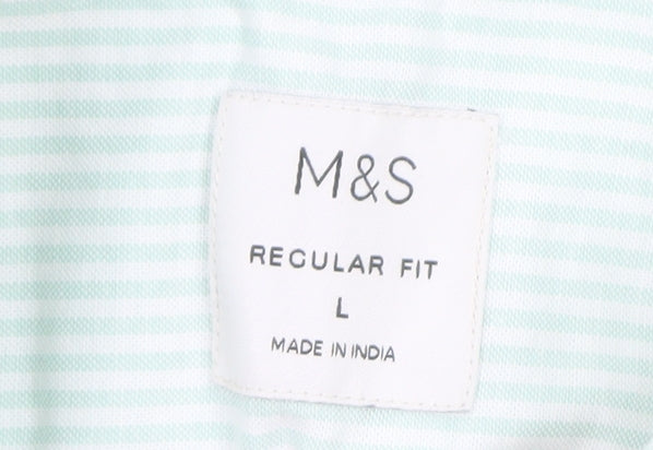 Marks and Spencer Men's Light Green Striped Regular Fit Short Sleeve Dress Shirt L