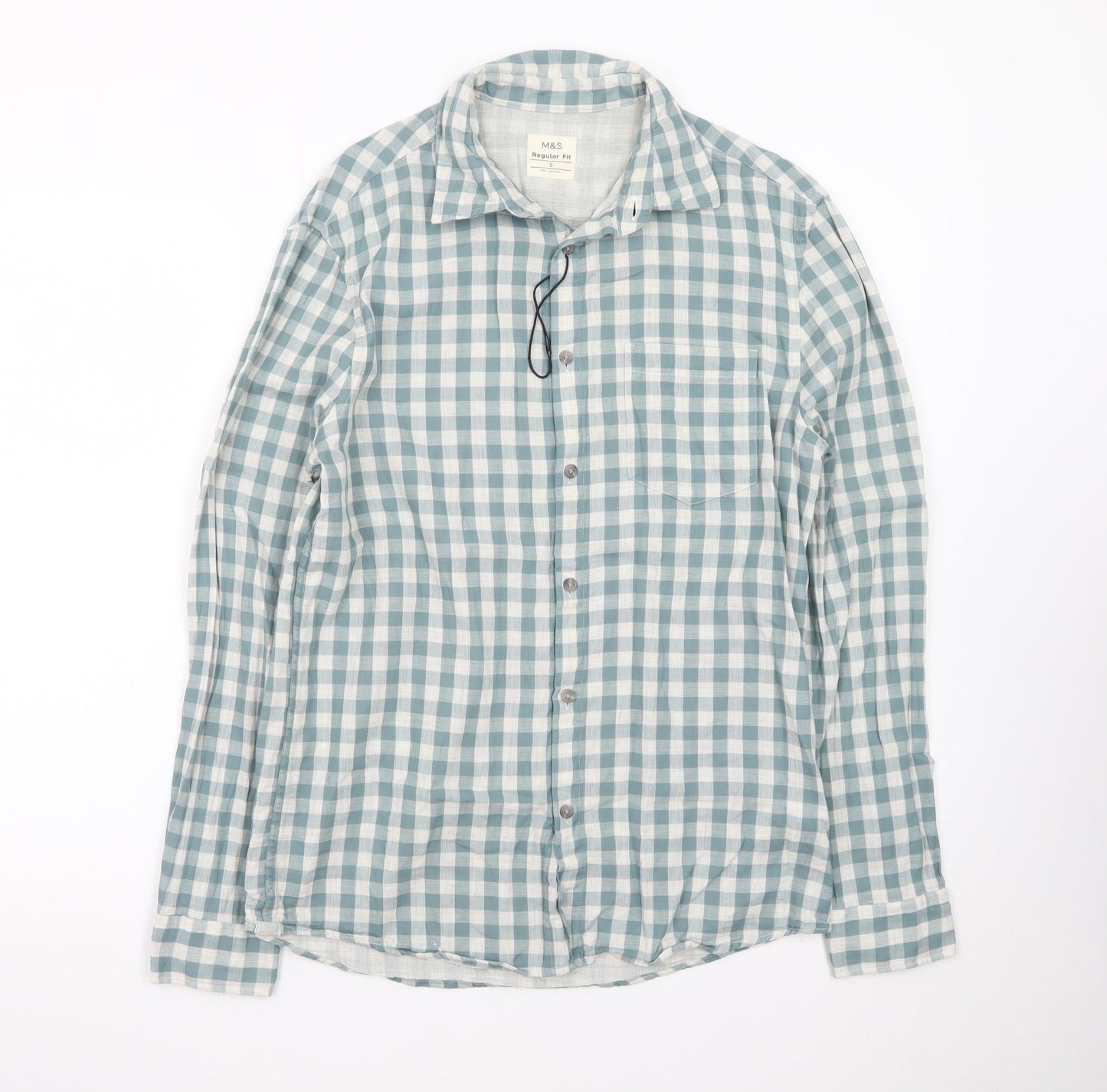 Marks and Spencer Men's Blue Check Regular Fit Cotton Shirt S