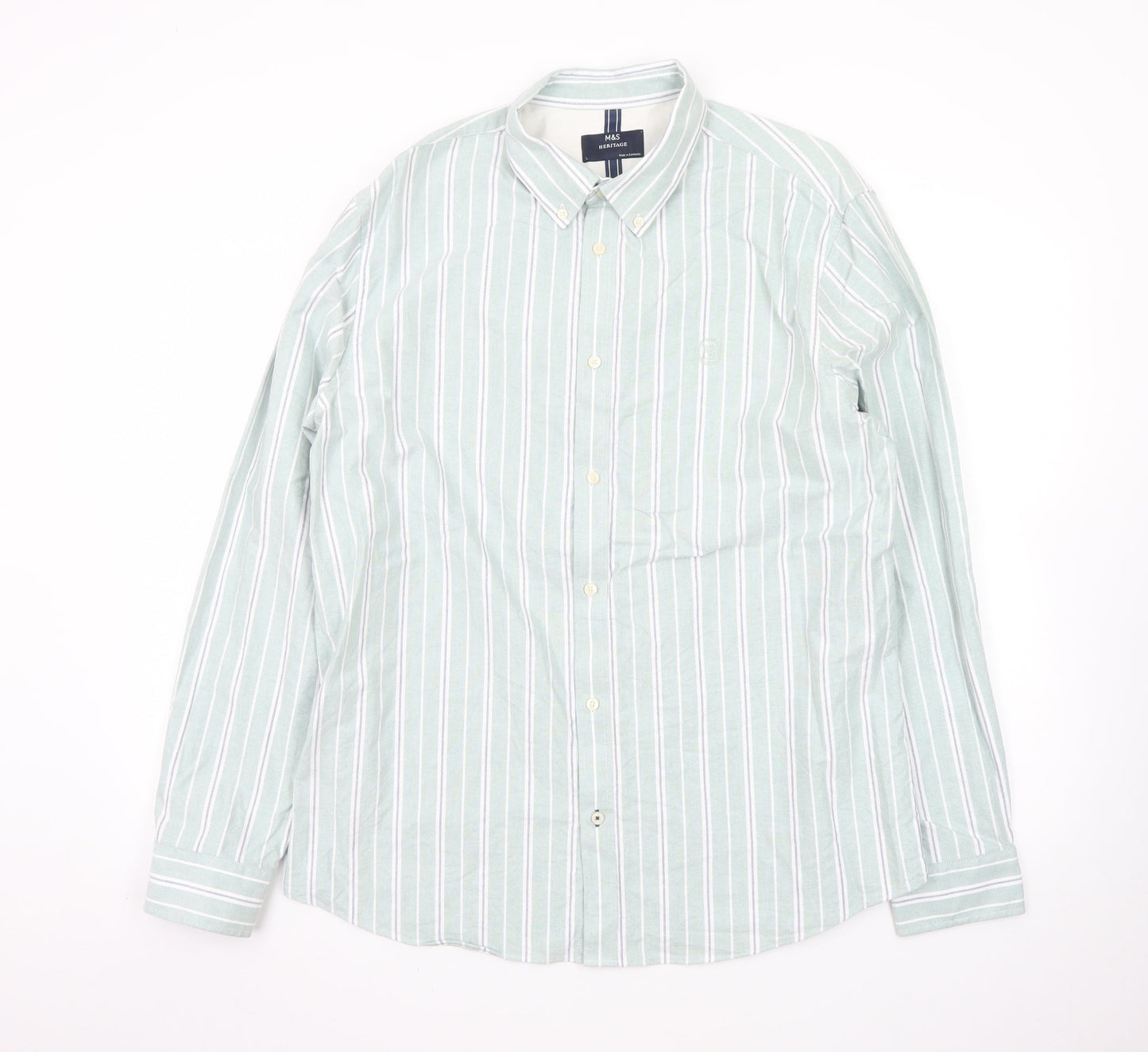 Marks and Spencer Men's Green Striped Button-Up Long Sleeve Shirt L