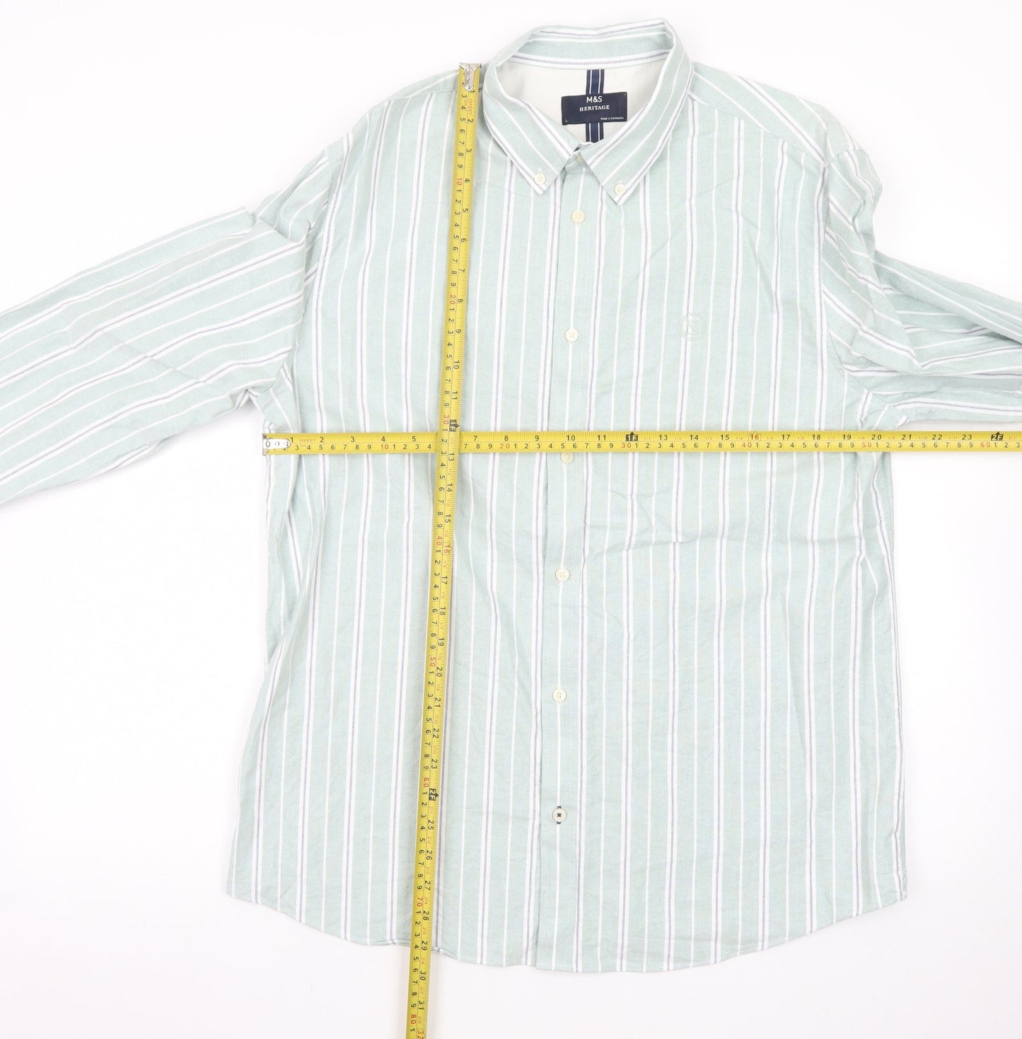 Marks and Spencer Men's Green Striped Button-Up Long Sleeve Shirt L