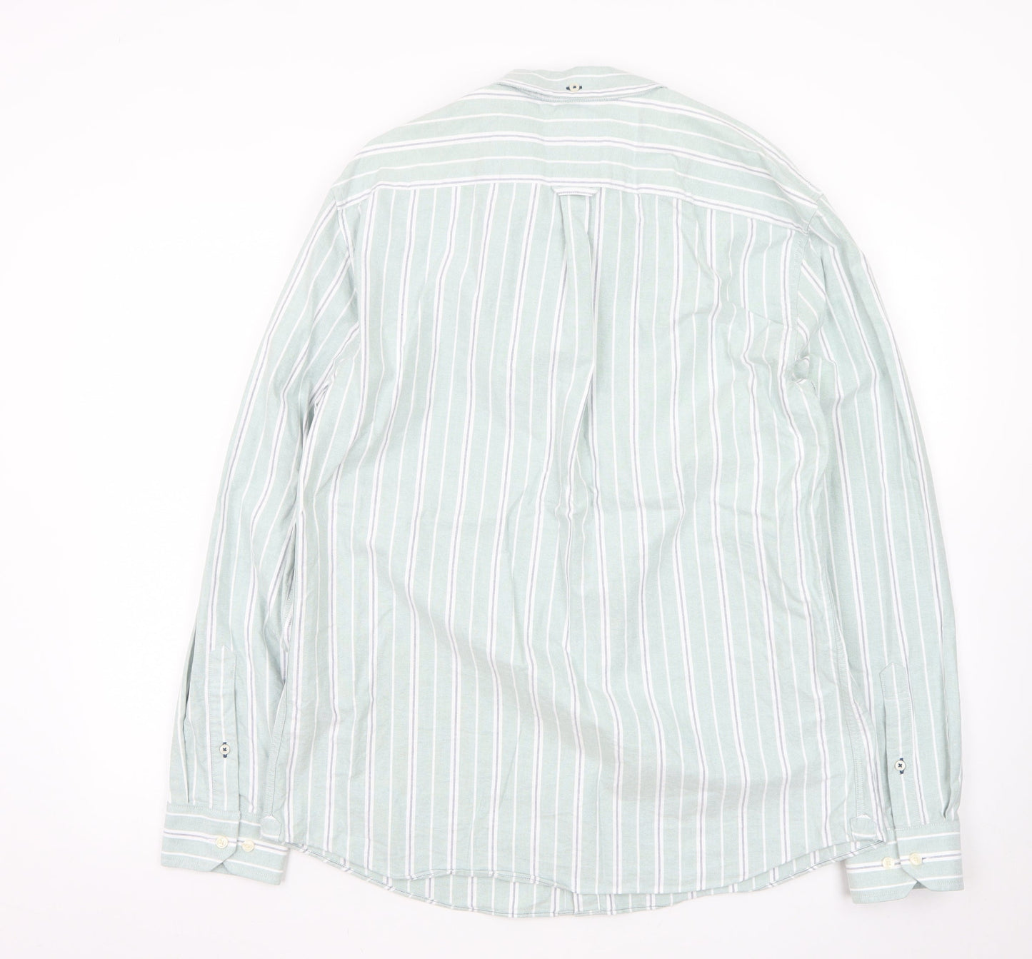 Marks and Spencer Men's Green Striped Button-Up Long Sleeve Shirt L