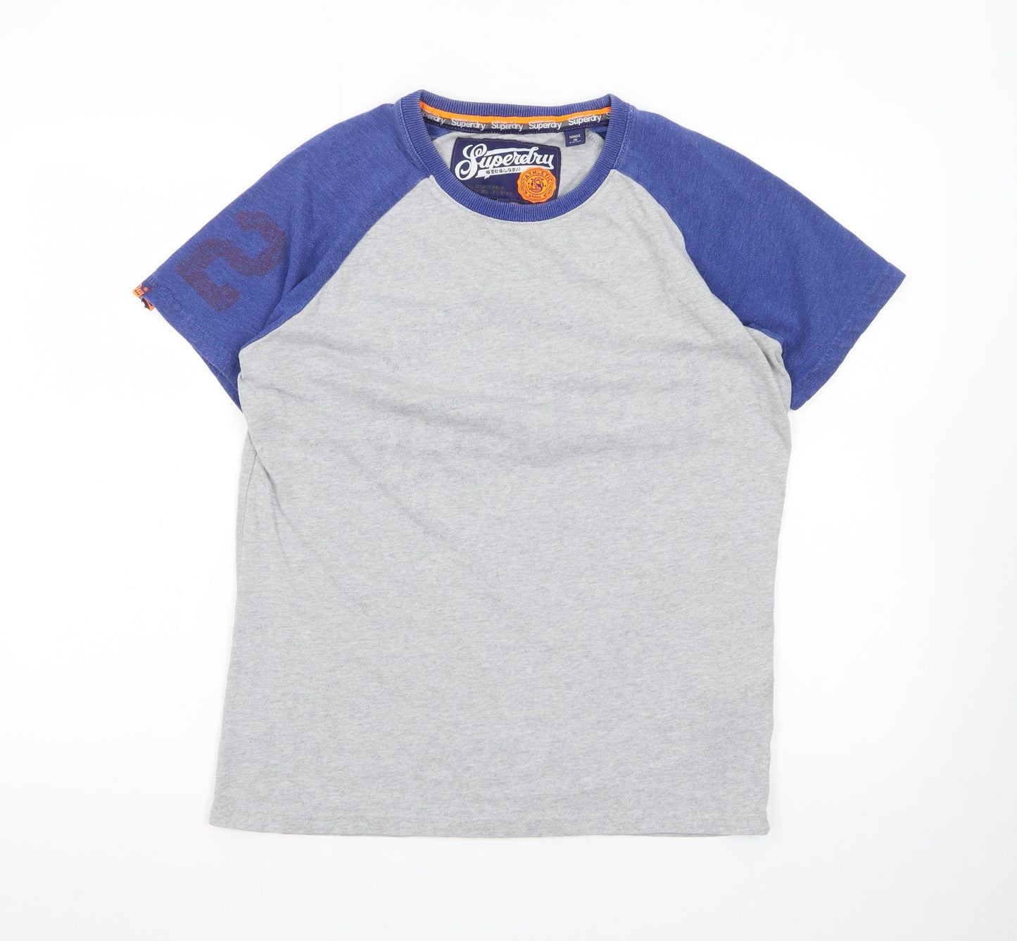 Superdry Men's Grey Blue Raglan Crew Neck Cotton T-Shirt Size M