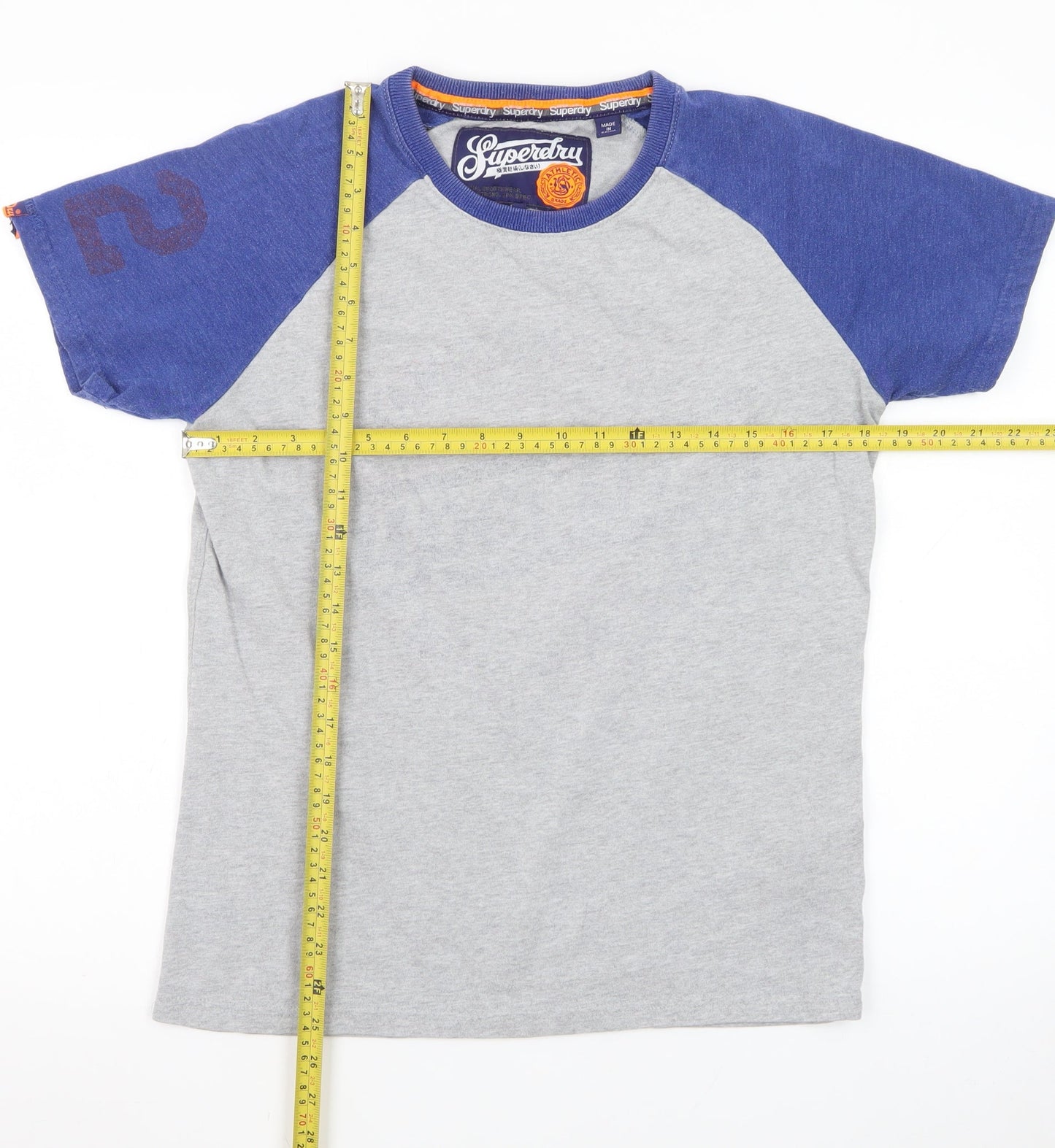 Superdry Men's Grey Blue Raglan Crew Neck Cotton T-Shirt Size M
