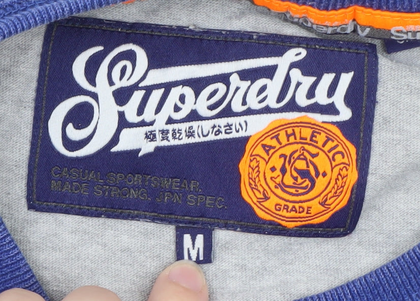 Superdry Men's Grey Blue Raglan Crew Neck Cotton T-Shirt Size M