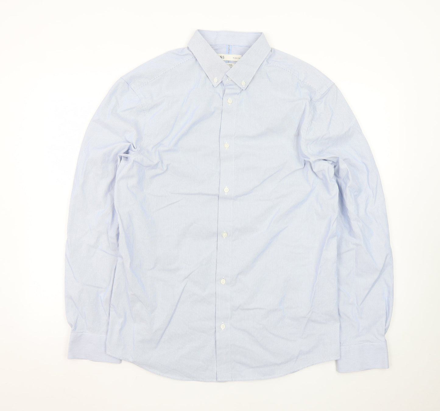 Marks and Spencer Men's Blue Slim Fit Long Sleeve Dress Shirt L