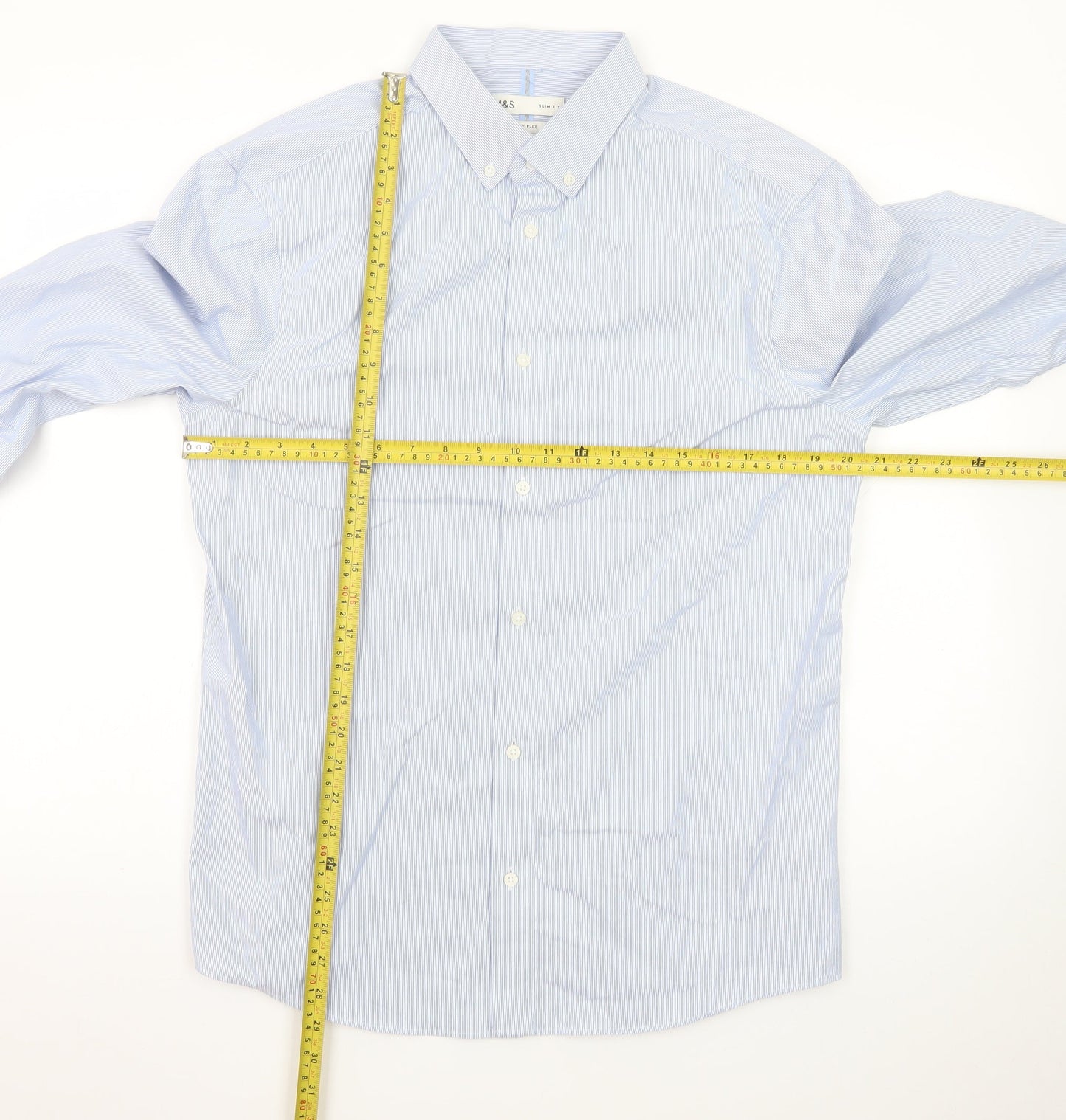 Marks and Spencer Men's Blue Slim Fit Long Sleeve Dress Shirt L