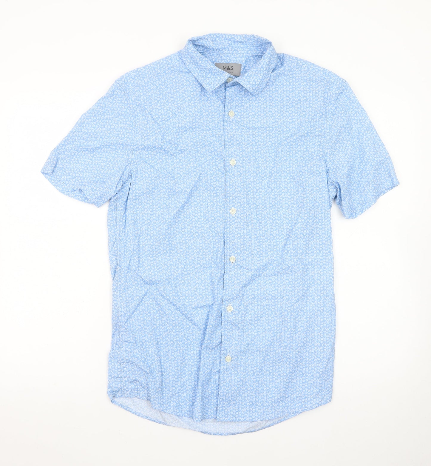 Marks and Spencer Men's Blue Floral Short Sleeve Cotton Dress Shirt S
