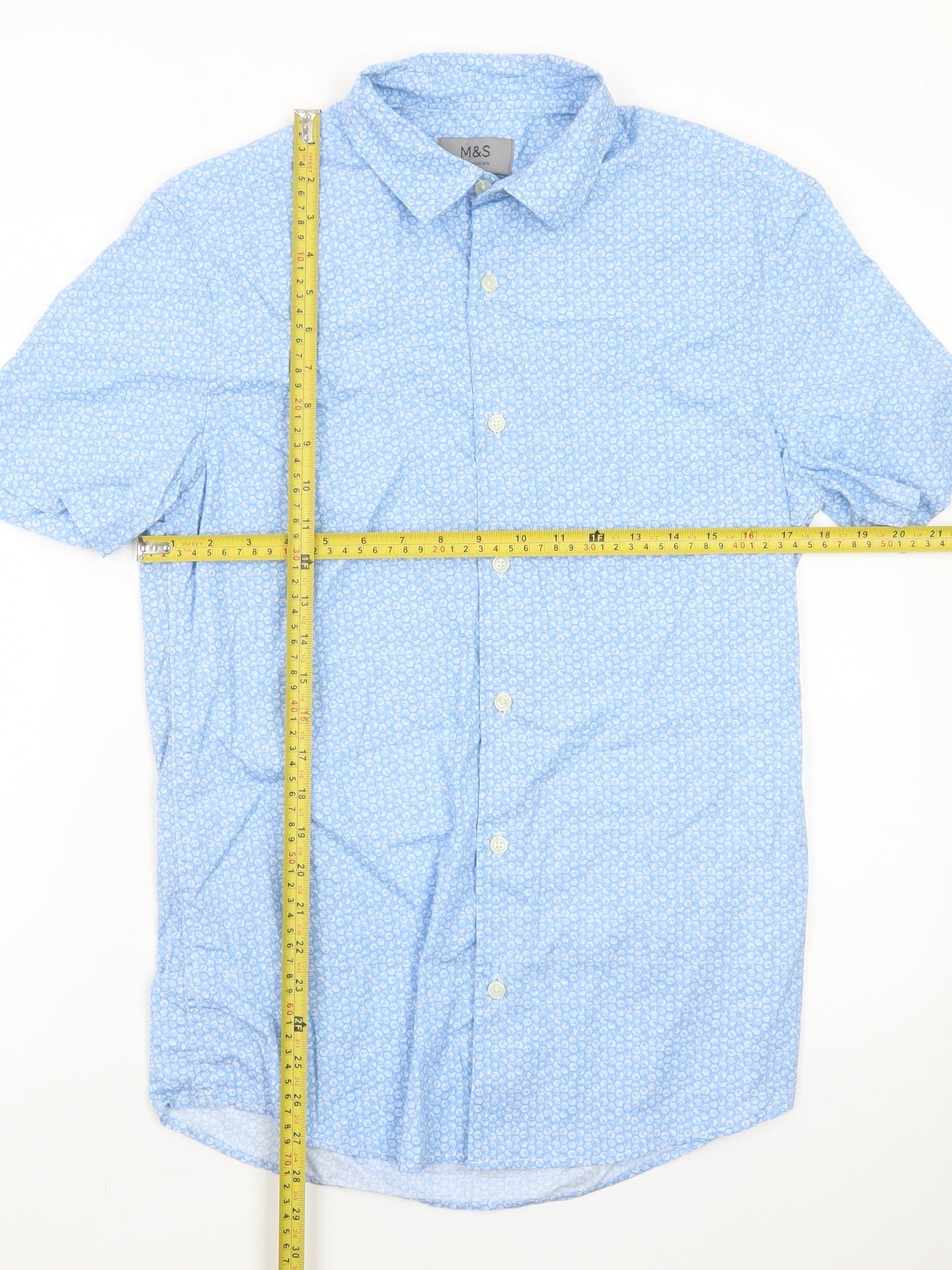 Marks and Spencer Men's Blue Floral Short Sleeve Cotton Dress Shirt S