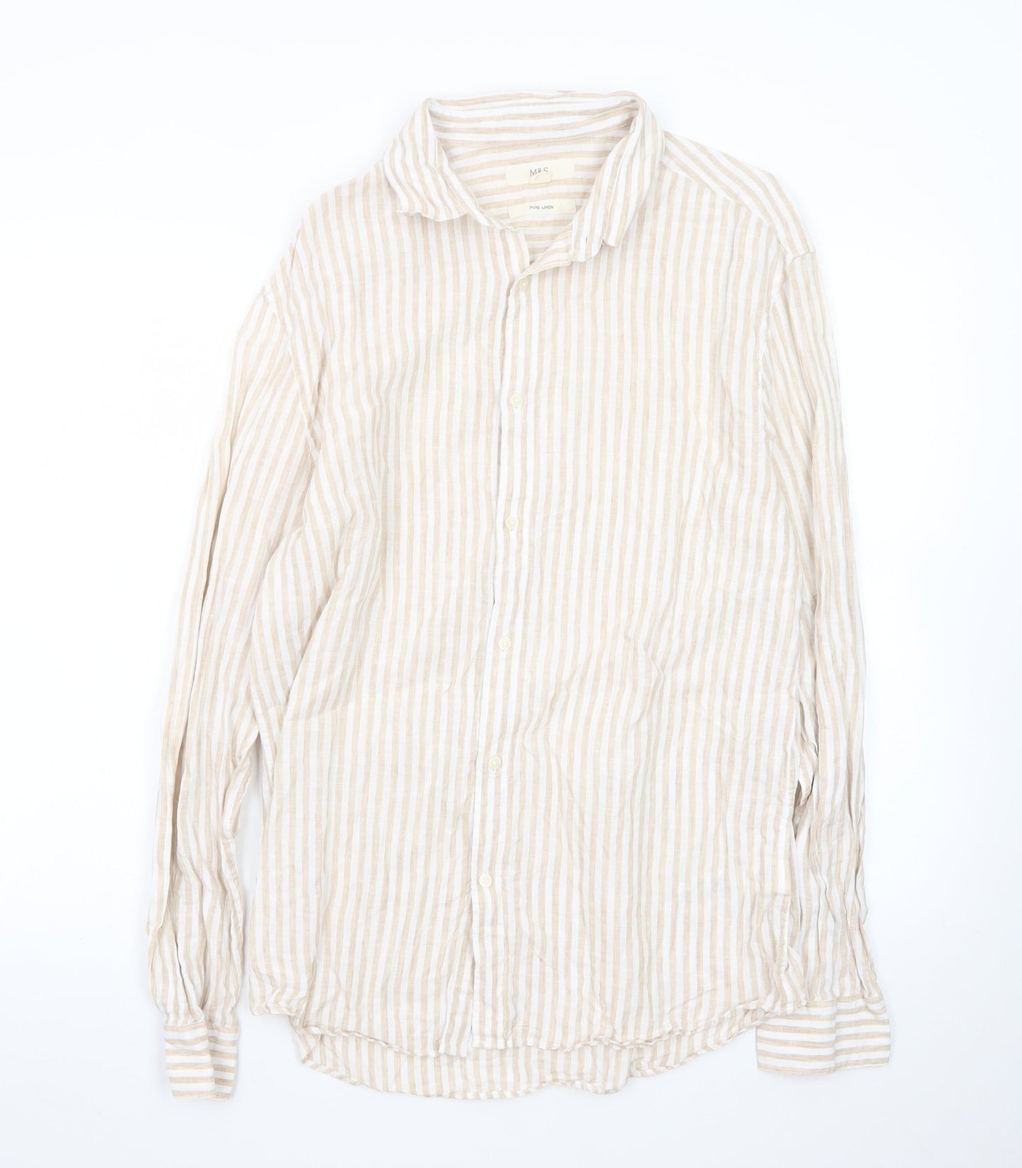 Marks and Spencer Men Beige Striped Linen Long Sleeve Shirt M