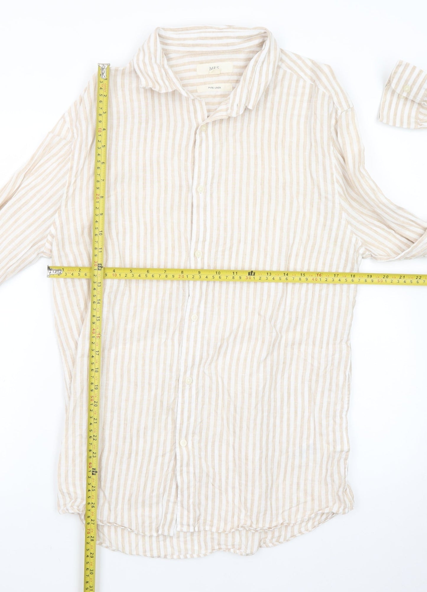 Marks and Spencer Men Beige Striped Linen Long Sleeve Shirt M
